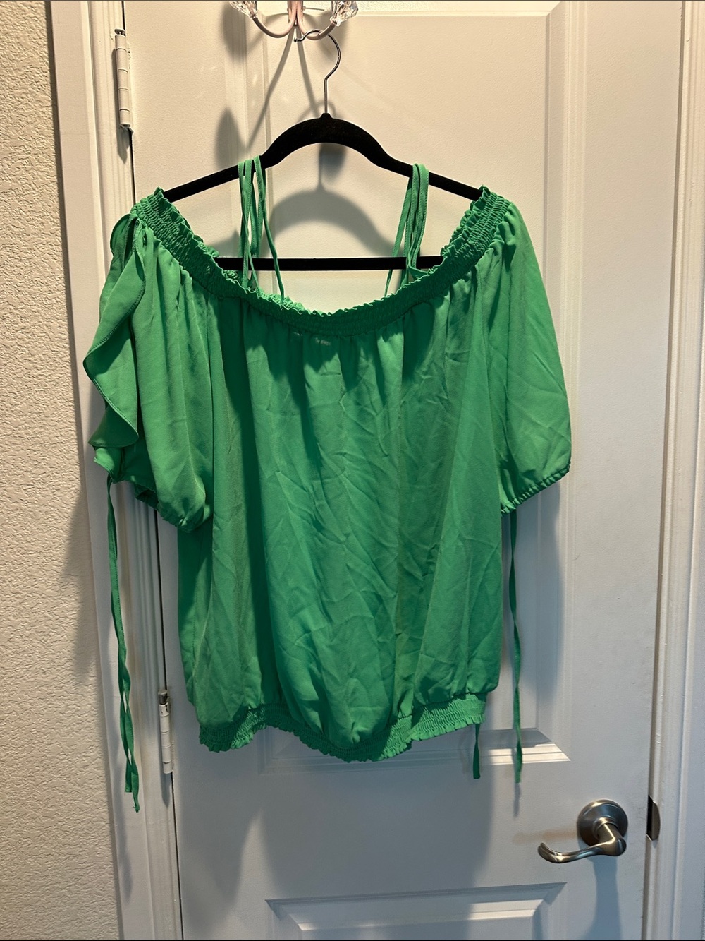 New York & Company Green Off-the-Shoulder Tie-Sleeve Blouse